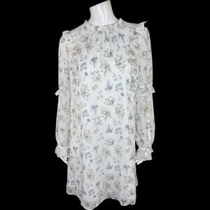 Allegra K Floral Ruffle Long Sleeve Mini Dress White Lined L‎ Feminine Romantic